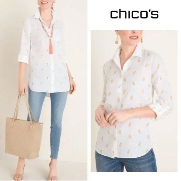 Chico’s No-Iron Linen Pineapple Print Shirt - NEW - Picture 3 of 7